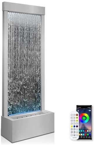 LONGRUN Mirror Waterfall Fountain Indoor, 48 Water Feature With 7 Colors Light, Self-Contained LED Kit, Large Stainless Steel Home Decor