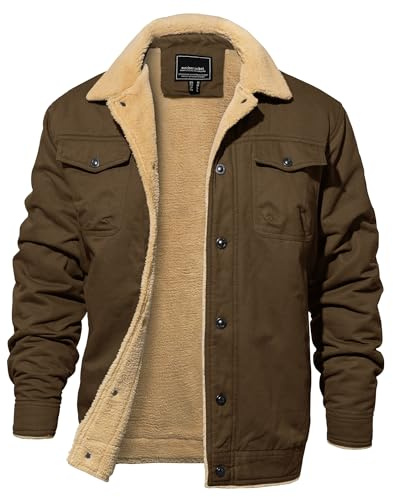 EKLENTSON Mens Winter Jacket Thick Thermal Warm Fleece Lined Lapel Cargo Trucker Jacket, Coffee, Large