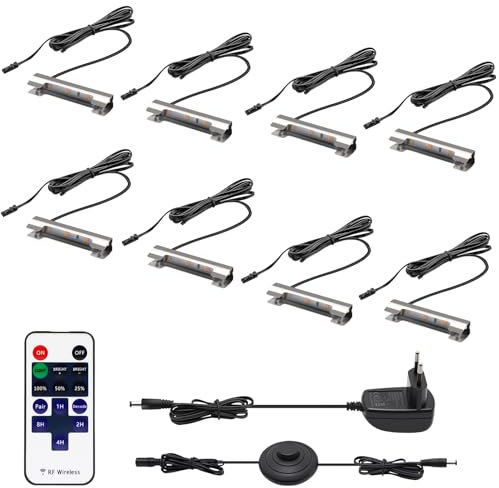 HURYEE Glaskantenbeleuchtung LED Vitrinenbeleuchtung LED mit Fußschalter und RF-Fernbedienung,Clips Warmweiß Glaskantenbeleuchtung Dimmbar für Glasvitrine, Vitrinen, Regale, Tisch, Displays 8er Set