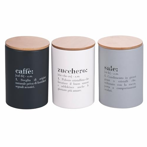 Villa d'Este Home Tivoli Set 3 barattoli caffè, zucchero e sale 750 ml in gres, coperchio in bambù, Victionary Light