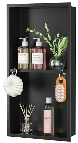 Bernkot Stainless Steel Shower Niche w/Hooks, Wall Vertical Niche Without Tiling, Recessed Shower Shelf for Bathroom Storage, Over-Mount Installation (Black, 12'' x 24'')