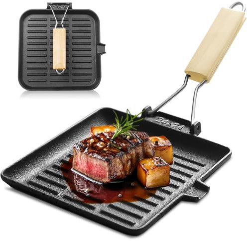 GOEDCH Sartén para Parrilla: 24 x 24 cm Negro Sartén para Carne Hierro Fundido, sartén Antiadherente con Mango de Madera Plegable, Cuadrada para Carne con Pico Vertedor para Todo Tipo de Fuegos