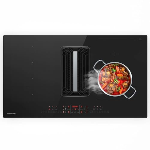 Klarstein AirJet Hybrid Table à induction avec Hotte intégrée - 12 kW, 750 m³/h, CEE A++, 9 Niveaux, Commande tactile, Filtre aluminium & charbon, 58 dB, 90 cm