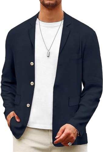 Chaqueta casual de lino para hombre, ajustada, para boda, graduación, primavera, ligera, deportiva, azul marino, 3XL