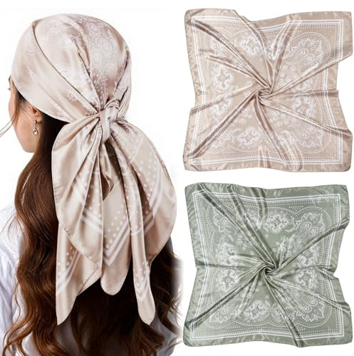 AOOSA 2 Pack Foulard Cheveux Femme, 90 cm Foulard Carré Doux, Léger Bandana Imprimé Tendance, Foulards pour Femmes, Bandanas pour Dormir, Plage, Usage Quotidien, Fêtes ou Décoration