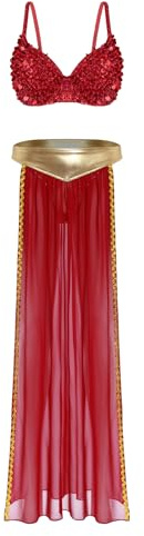 Fldy Costume De Danse Du Ventre Pour Femmes Soutiengorge Scintillant En Paillettes Avec Jupe De Chiffon Combinaison De Danse Et Professionnelle Rouge S
