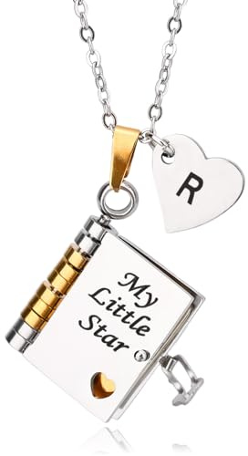 Mikovivi Collana con Ciondolo a Forma di Libro My Little Star, Personalizzata Iniziali AZ Incisibile Apribile con 7 Pagine Regalo Regolabile per il Collo da Mamma e Papà (stile R)