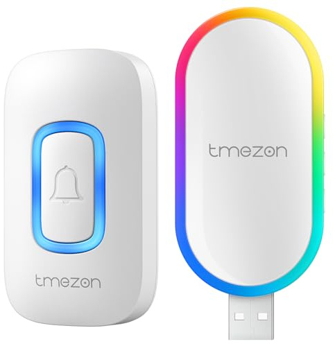 TMEZON Timbre Inalámbrico Exterior Impermeable, Timbre inalámbrico con Receptor USB,60 Melodías,5 Volumen,Timbre RGB Colorido para el hogar,sin Adaptador de Corriente,DC/1