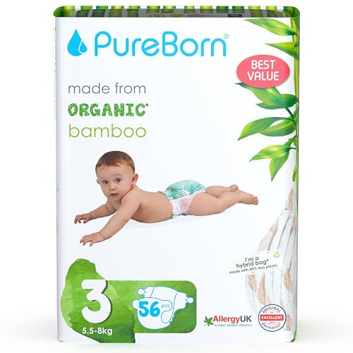 PureBorn Pañales Bebé Ecológicos de Bambú, Talla 3 (5,5-8 kg), 56 piezas, Hipoalergénicos, Ultrasuaves, Estampado Surtido