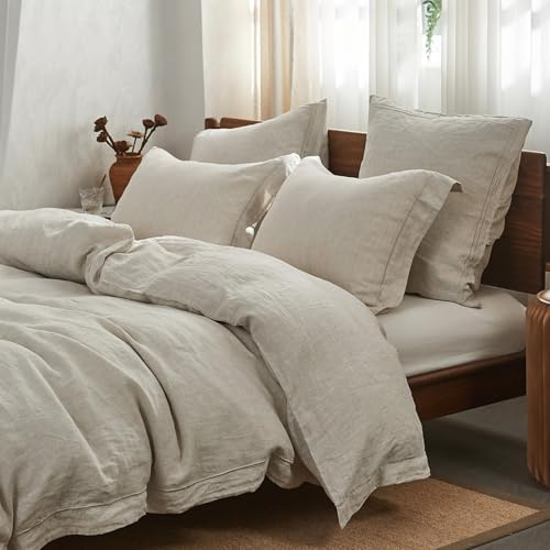 Simple&Opulence 100% Washed Linen Duvet Cover Set with Embroidered,3 Pieces Soft Farmhouse Comforter Set with Button Closure,1 Duvet Cover and 2 Pillowshams(King,Natural Linen)
