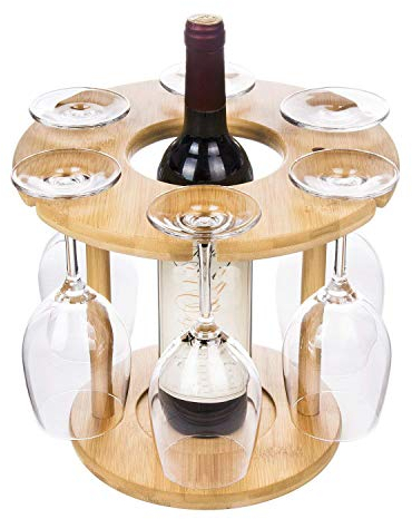 rukauf - Porta bicchieri da vino in legno di bambù, design moderno, per fino a 6 bicchieri da vino e 1 bottiglia
