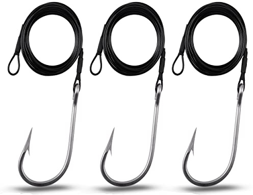 Shark Hook Fishing Rigs, 3pcs Stainless Steel Tuna Hooks 400lb Nylon Coated Cable Leader Rig Hand-tied Crimped Deep Sea Saltwater Fishing Rigs for Shark Tuna Toothy (5/0-3 Packs)