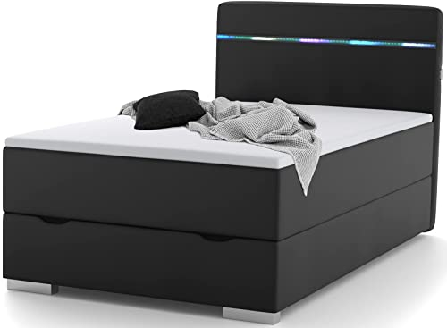 wonello Monza Boxspringbett 90x200 mit Bettkasten in Schwarz I LED Beleuchtung und USB Anschlüssen I Design Bett für Jugendliche und Erwachsene I Stauraumbett mit Matratze und Topper