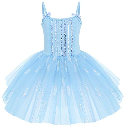 Robe Ballet Fille Tutu Danse Classique sans Manches Bretelles Spaghetti avec N�UD Papillon Tulle Paillettes Plume Justaucorps Gymnastique Costume Ballerine Princesse Une Pi�ce Bleu 3-4 Ans