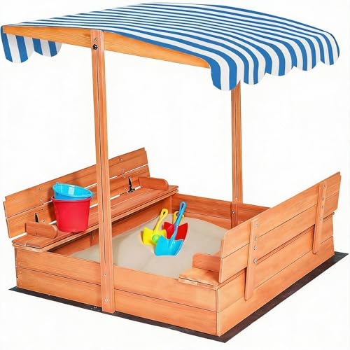 Kids Wooden Sandbox with Cover, Foldable Bench Seats, Retractable Roof, Outdoor Playset, Large Sand Pit with Lid (Natural Wood, Blue & White Striped Canopy, 48 Inch)