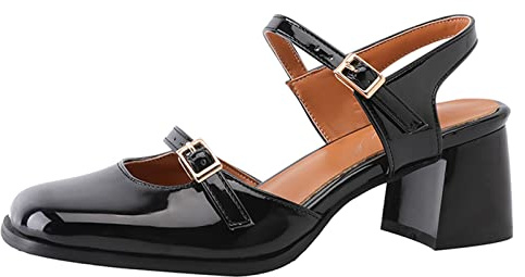 OALEEN Chaussure Mary Jane Femme Vernis Vintage Petit Talon Carré Bride Cheville Escarpin Ouverte Arrière Soirée Mariage Noir 43