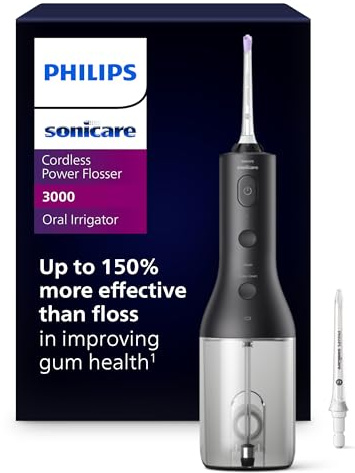 Philips Sonicare Cordless Power Flosser 3000 - Water Flosser with Innovative Quad Stream Technology, Oral Irrigator with 2 Flossing Modes and 3 Pressure Levels, IPX7 Waterproof, Black, HX3826/23