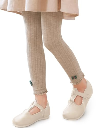 GroYolan Leggings Niña Sin Pies Acanalados de Punto con Lazo Encaje Mallas Niña Largo al Tobillo Suaves Elásticos, 3-12 años