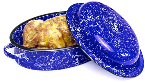 Red Co. Enamelware Metal Classic 3.6 Quart 12 Roasting Pan with Dome Lid, Navy Blue Marble/Black Rim - Splatter Design