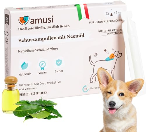 amusi Ampoules Protectrices Huile de Neem pour Chiens - 12 Ampoules de 1 ML - Anti Insectes Anti Puces - Contre Les Tiques Puces Moustiques Poux - Protection Longue Durée et Naturelle Effet Bouclier