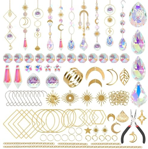 DAZZTIME Sonnenfänger Kristall Bastelset,200 Stück Sonnenfänger Kristall Windspiel,DIY Hängender Lichtfänger Kristall Handwerk,Kristalle Deko Anhänger,Fensterdeko Hängend für Garten Outdoor Deko.