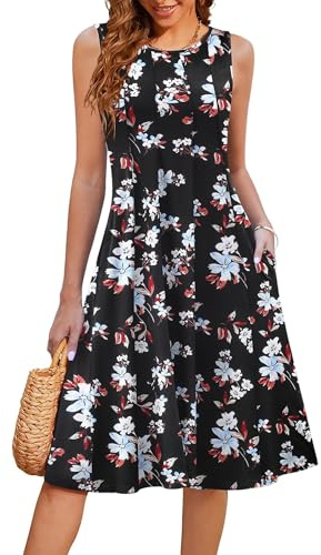 HOTOUCH Womens Summer Midi Dress - Casual Beach Dresses Elegant Styles Basic Sleeveless Midi Dresses for Women UK with Pockets Black Floral S