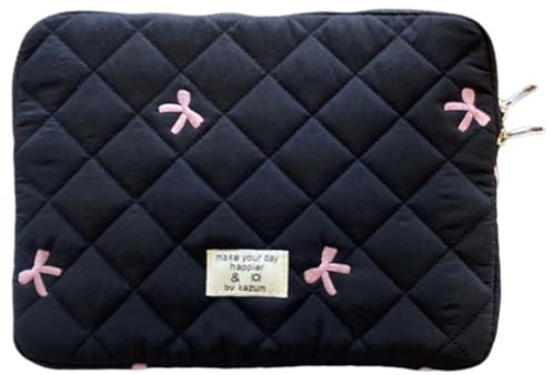 CHAMAIR Puffy Laptop Sleeve - 13 Inch Cute Bow Laptop Case Coquette Quilted Carrying Bag for Women - Aesthetic Macbook Sleeve Compatible for Notebook Cover 12'' 13'' (Black 13in)