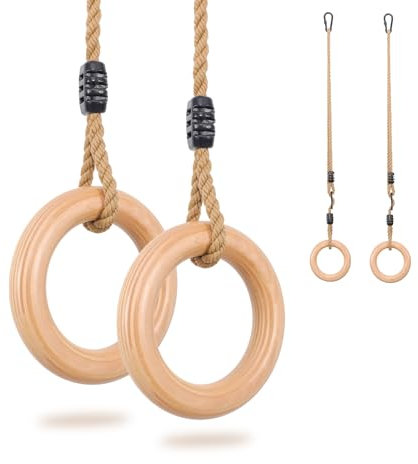 Holz Turnringe,Trapez schaukel,Schaukelringe mit Einstellbarer Hanfseil,Gymnastikringe für Kinder Indoor und Outdoor