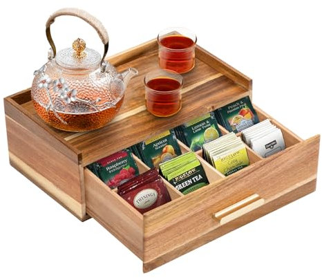 Tea Bag Organizer, Wood Tea Organizers and Storage Box, Tea Bag Holder Station Caddy Container for Countertop, Tea Accessories Gift Box with Drawer