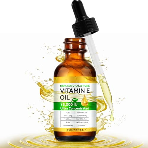 Huile de vitamine E 75 000 UI - 100% naturelle pour la peau, le visage, la pousse des cheveux, les sourcils et les cils - Hydrate la peau sèche et atténue les cicatrices, Sans hexane, 60ML