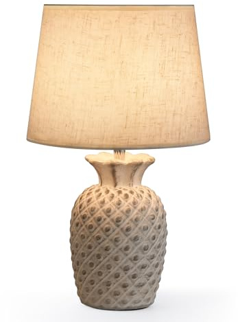 LIT AMPO Rechargeable Cordless Battery Table Lamp, Ceramic Pineapple Base | Remote Control Timer Dimmer Color Changing Light, Fabric Shade, Small Nightstand Lamp for Home Bedroom, Kitchen, Living Room