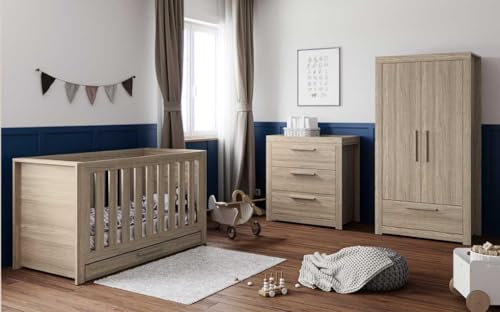 Little Acorns Ellesmere 3 Piece Nursery Furniture Set Cot bed, Double Door Wardrobe and Dresser with Removable Baby Changing Surround Grey Ash