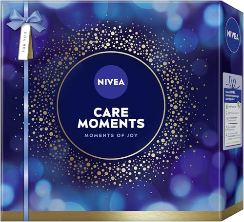 NIVEA Care Moments Coffret cadeau pour femme avec gel douche (250 ml), shampoing (250 ml), lotion pour le corps (400 ml), soin des lèvres Labello (4,8 g) et trousse de toilette