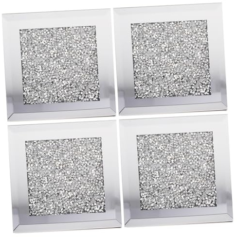 ARTSEWPLY Posavasos para Mesa De Cristal Cuadrado Gemas Plateados Espejo, 4 Piezas, Tapete Antideslizante Térmico para Bebidas, Accesorios para Hogar, Oficina y Bar