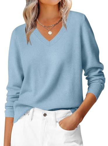 Pull décontracté à col en V de couleur unie pour femmes, manches longues, amples, légers, pullove, Bleu ciel (01), S