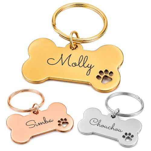 Chapa Perro Personalizada Grabada con Nombre y Teléfono,Placa Identificativa,Forma de Hueso,Acero Inoxidable, Etiqueta para Collar de Perros Pequeños, Medianos y Grandes (Plateado, Grande)