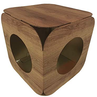 Casa/cama de cartón para gato. Diseño efecto madera.