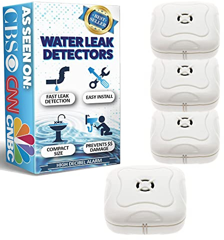 Water Leak Detector - Very Loud Water Sensor Alarm for Home, Flood Detection Alarm Sensor for Sinks, Sump Pumps, Basements, and Laundry Rooms by Mindful Design (White, 4 Pack)