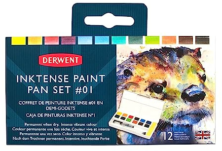 Derwent Inktense 12 Farbtöpfchen #1, 12er Set, halbe Töpfchengröße, wasserlöslich, ideal zum Malen und Basteln auf Papier und Stoff, professionelle Qualität, Reisegröße (2302636)