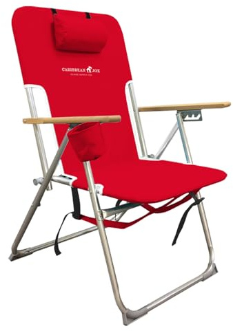 CARIBBEAN JOE 300lb Capacity Folding Beach Sand Chair, 4 Position Reclining, High Seat, Portable Backpack Carry Straps, Camping, Headrest, Cup Holder, Wooden Armrests, Red