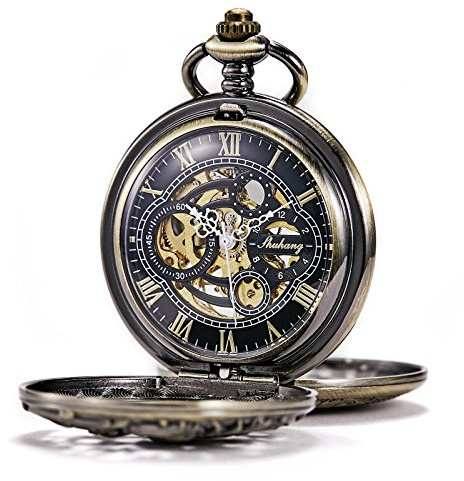 TREEWETO Reloj de bolsillo mecánico – Dream Dragon Esqueleto Half Hunter Double Open Silver Case, Bronze071, Mecánico