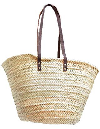 Capazo de Palma básico, cesta de fibras naturales, con asas larga de cuero curtido estilo rústico. Cesto o Bolso de mimbre para la playa (7V, aprox. 42x25 cm)