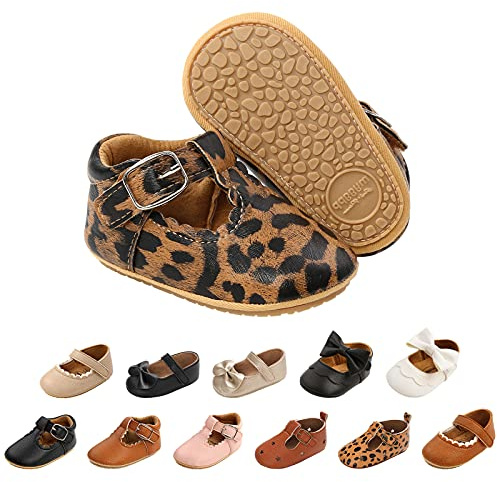 Baby flickor första promenadskor rosett knut Mary Jane platta justerbar PU-läder halkfri mjuk sula prinsessskor spädbarn flickor utomhusskor, 0-18 månader, - D Lepard - 0-6 Månader