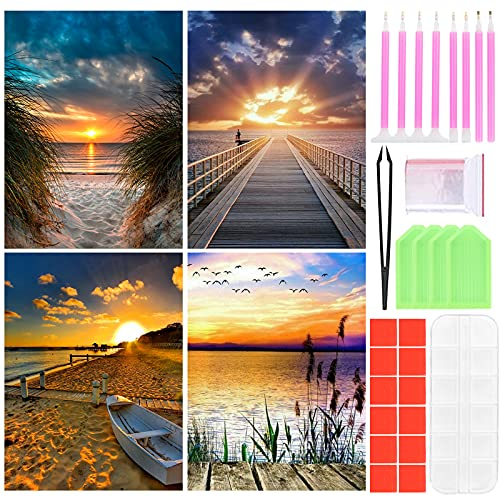 4 Packung 30 x 40 cm 5D Diamant Painting Full Groß Set, DIY Diamant Painting Bilder mit Diamond Painting Zubehör Kinder Erwachsene, Diamant Malerei für Heim und Büro Décor (Sonnenuntergang)