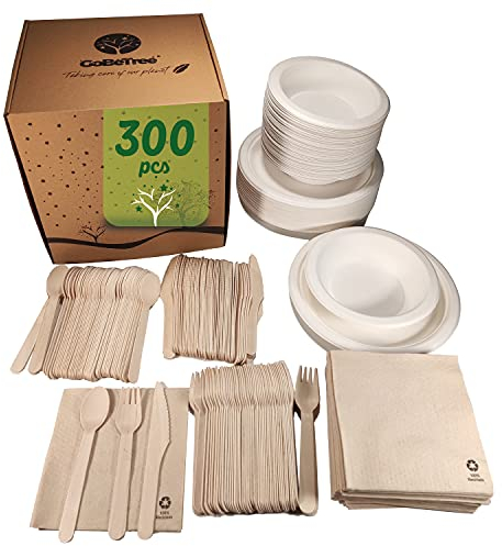 Einweggeschirrset mit 300 Teilen für 50 Personen. Ökologisches Geschirr aus Zuckerrohr, bestehend aus 50 Tellern, 50 Schüsseln, 150 Besteckteilen aus Birkenholz und 50 recycelbaren Servietten.