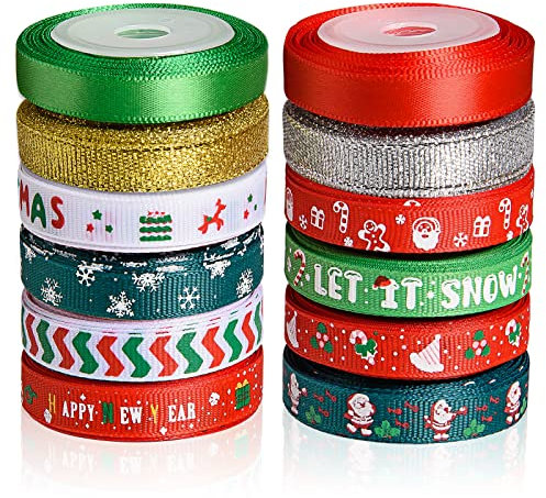 SANNIX 12 Rollen 60 Yard Weihnachtsband für Geschenkverpackungen, 3/8 Zoll Schneeflocke Weihnachtsmann Weihnachten Geschenkband gedruckt Ripsband Satin Urlaub Bänder für Weihnachtsdekoration DIY