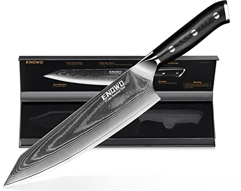 enowo Cuchillo Chef Damasco 8，Cuchillo de cocina con acero inoxidable VG-10, cuchillo japonés Kiritsuke con mango ergonómico G10 Full Tang, caja de regalo de lujo