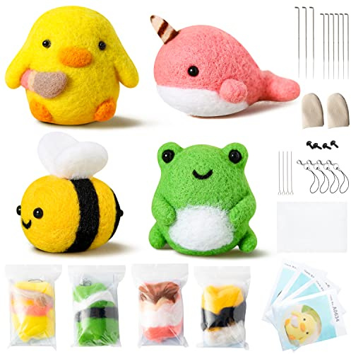 WATINC Animal Needle Felting Starter Kit Felting Tools DIY Needlework Craft Foam Mat Frog Chick Bee Narwhal Animal Doll Wool Party Supplies for Beginners Adults Kids