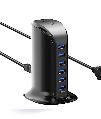 POANES Cargador USB múltiple, estación de carga USB, varios dispositivos, fuente de alimentación de 6 puertos para iPhone, Samsung Galaxy, LG, Huawei, etc. (Negro 25W-6 puerto)