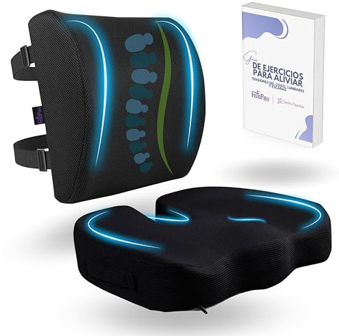 Fisiopibu Pack Cojin Silla Oficina + Cojin Lumbar + Regalo Video y PDF de Ejercicios|Cojín Coxis|Respaldo Lumbar Silla Oficina|Cojin Antiescaras|Ortopedico|Viscoelastico|Gaming|Funda Lavable máquina